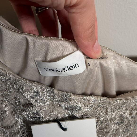 Calvin Klein Sequin One Shoulder Dress Size 6 Beige Silver Party Holiday Event - Picture 3 of 10